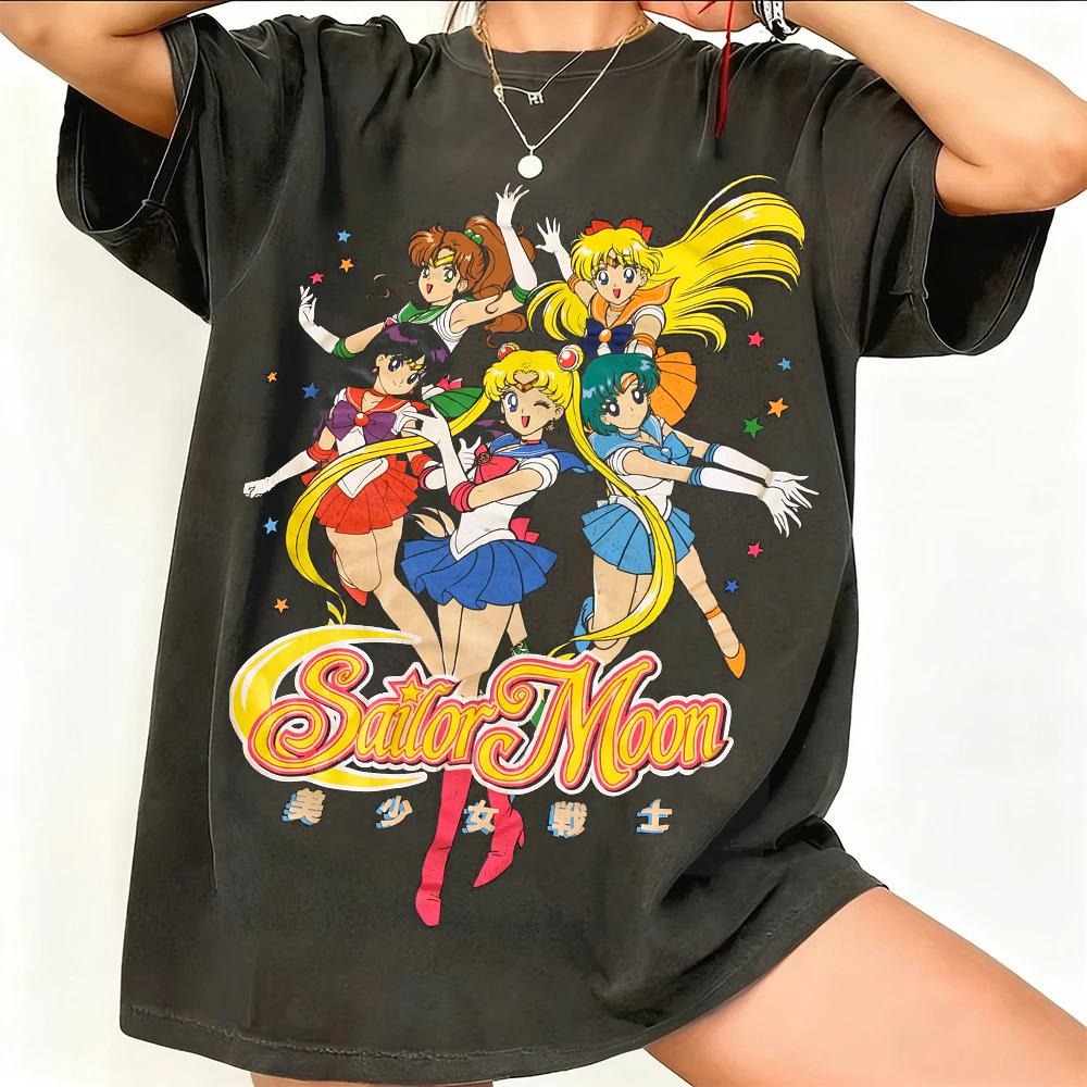 Sailor Moon Retro 90s Anime Grafické Tričko Letní Bavlněné Unisex Dámské Tričko Streetwear Ležérní Trend Krátký Rukáv Párové Hip Hop Top