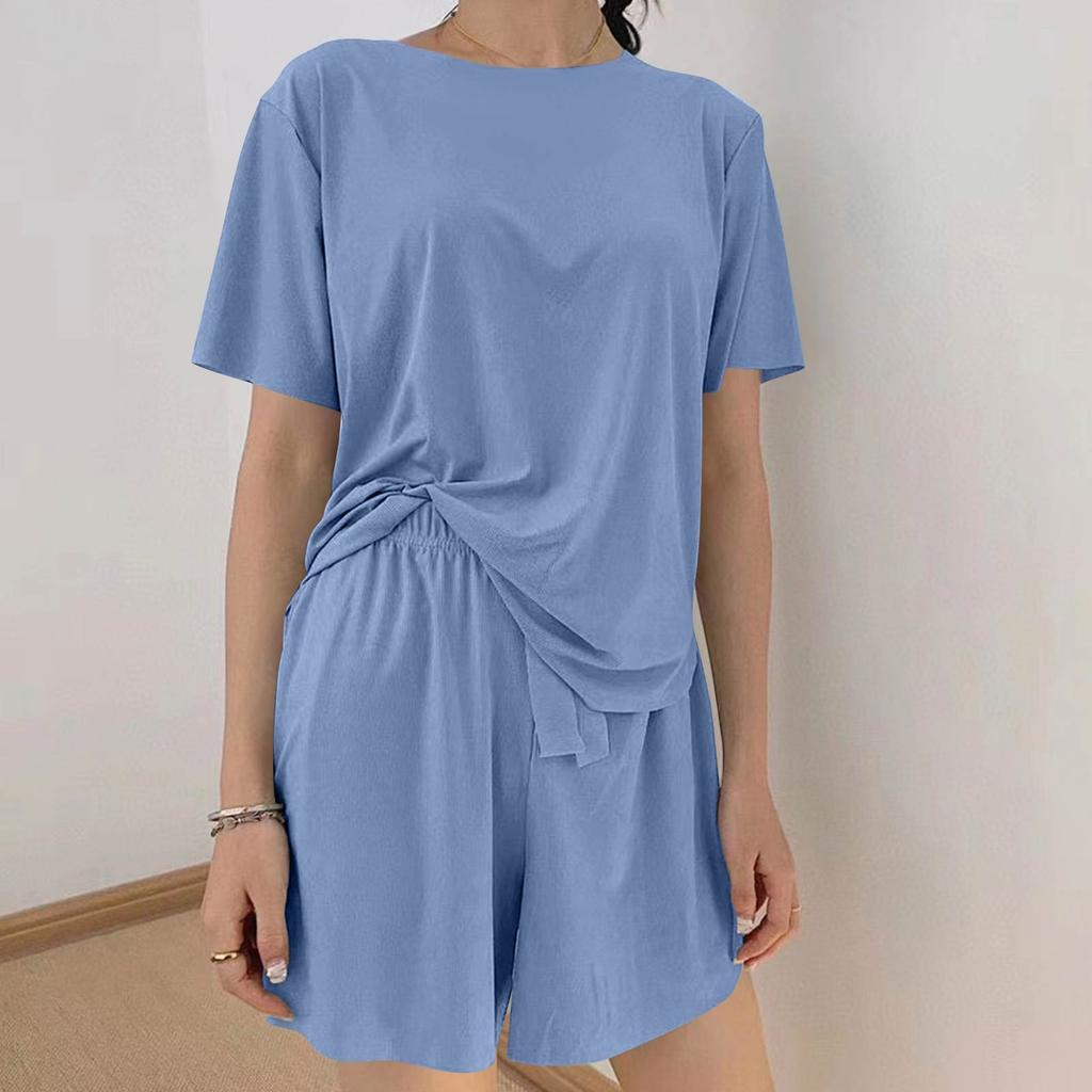 Women's Casual Pajama Set Solid Color Short Sleeve Shorts Pants Two Pieces
