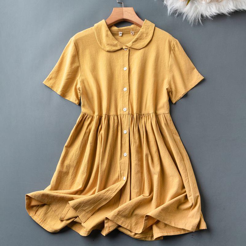 

Summer New Arrival Pure Color Classy Easiest for Match Single-Breasted Minimalist Fashion Polo Collar Short Sleeve A- line Midi Dress Dark yellow L