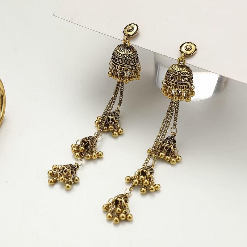 Retro Bollywood Oxidized Women Jhumka Indian Earrings Femmes Ethnic Gold Silver Color Afghan Bell Long Tassel Drop