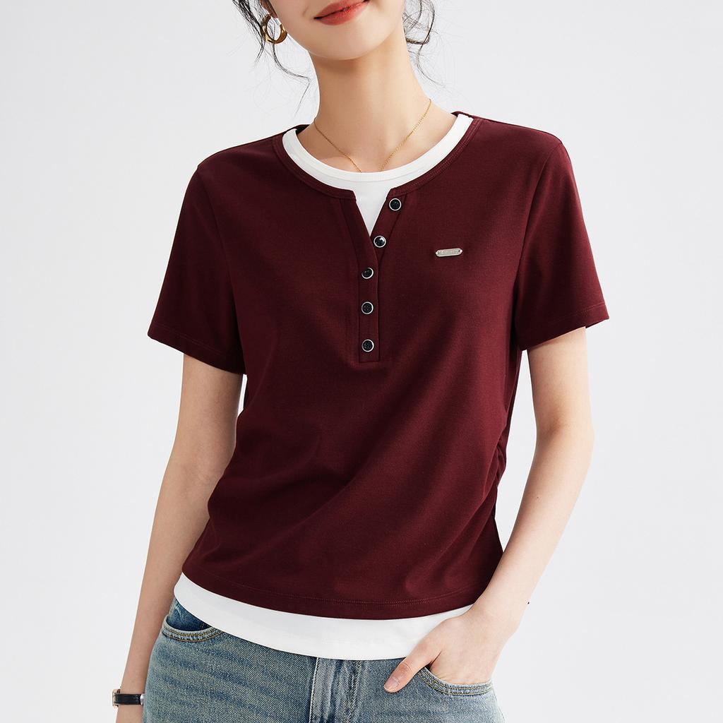 Women's Summer New Color Contrast Fake Two Pleated Short Sleeve Design Sense Inside The Top