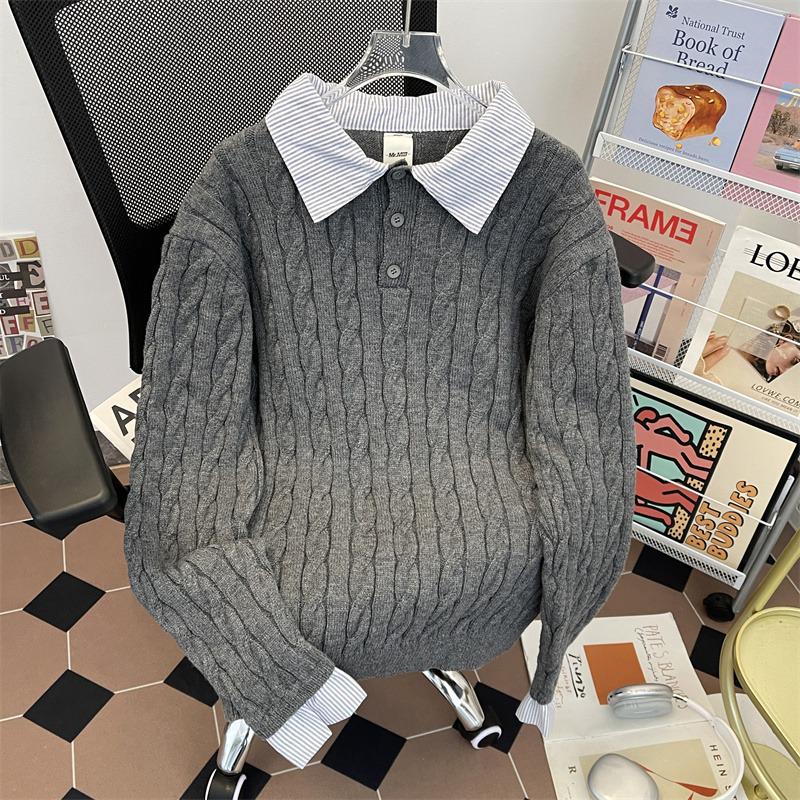 Men s Two-Piece Striped Patchwork Cable Knit Polo Sweater - Old Money Style Clean Fit. XXL