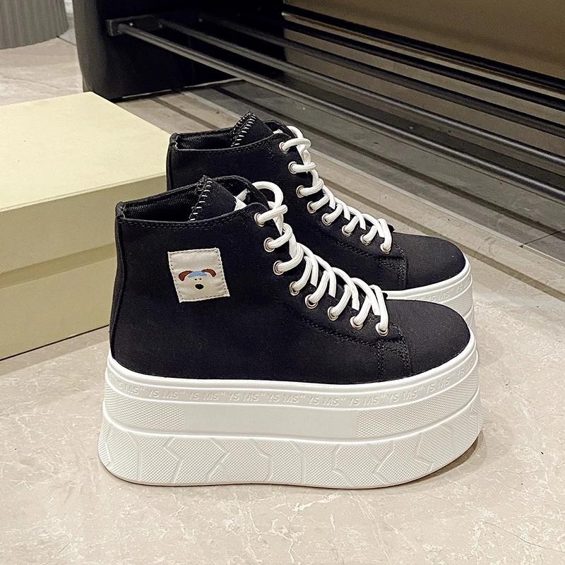 Fashion 7.5CM Women Ankle Boots High Platform Vulcanized shoes Wedge Heels Sneakers Woman Spring Autumn Thick Sole Leather Short Boots cm nero