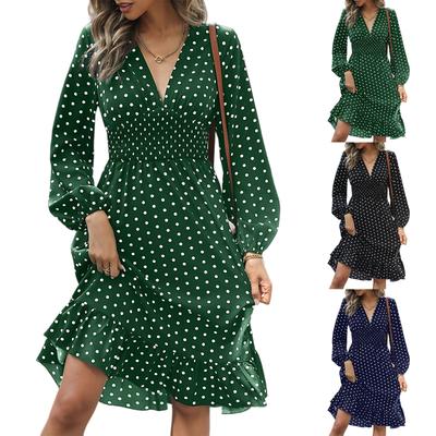 Women's Fashionable Waist Cinching Slimming Polka Dot Printed Long Sleeved Western- Dress