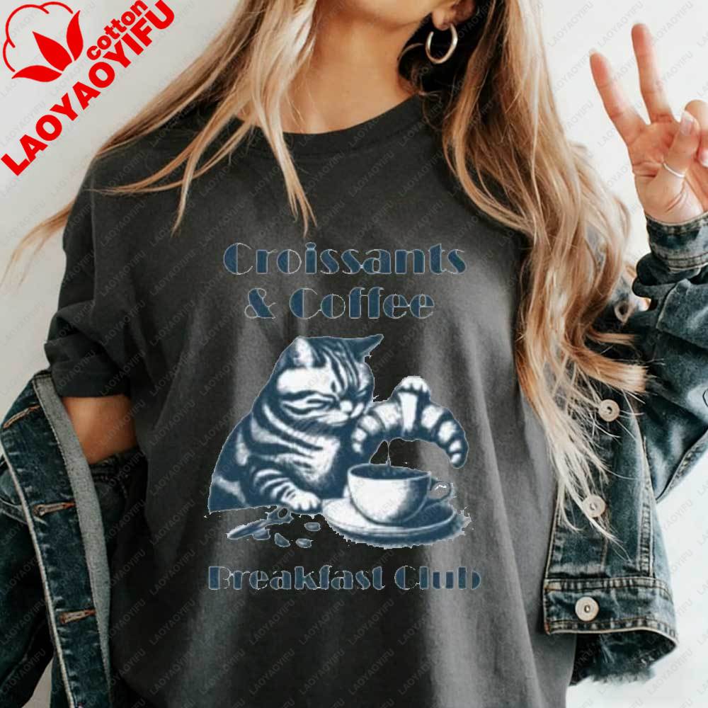

Womens Funny Cat Croissant Coffee TShirt Breakfast Club Graphic Tee Casual Cotton Tshirt Summer Cute Cat Lover Aesthetic Tops S