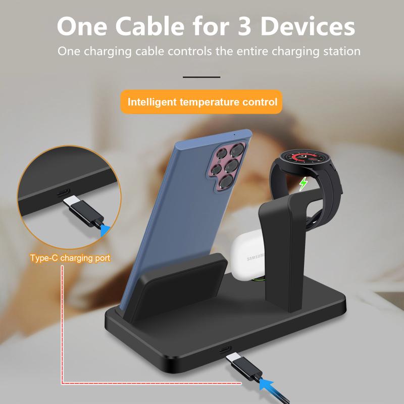 Charging Station 3 In 1 Fast Wireless Charger for Samsung S23 S22 S21 Note 20 10 Z Flip Z Fold for Galaxy Watch 6 5 Pro 4 3 Buds