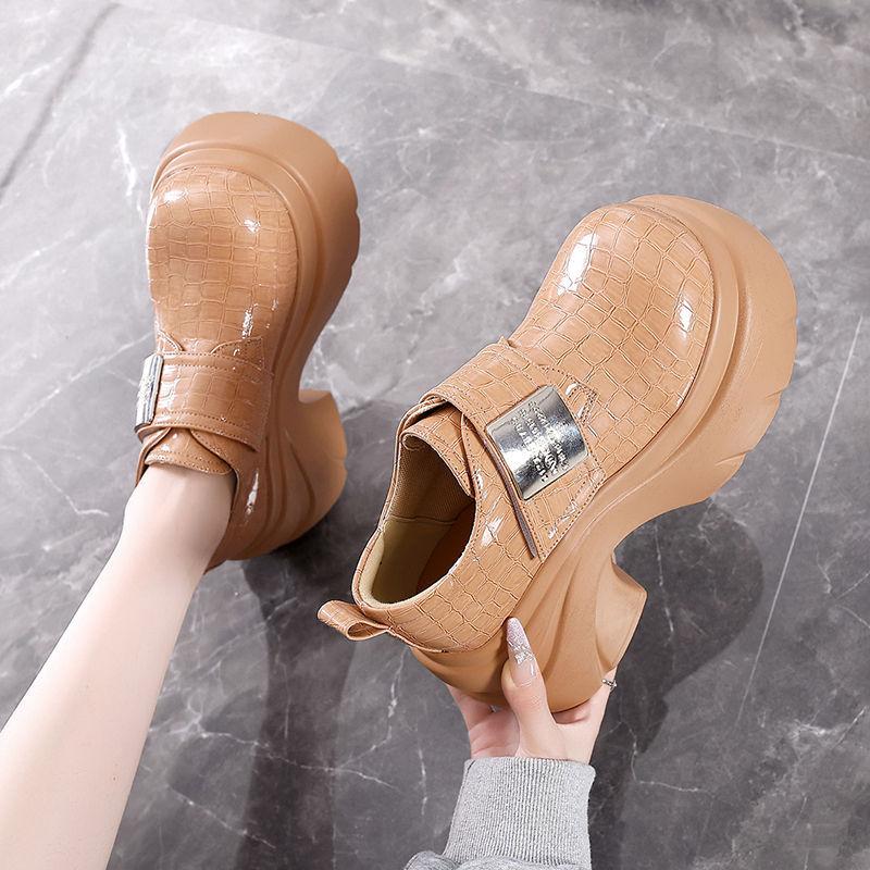 Thick-soled Muffin Small Leather Shoes Women's Autumn New Small Inner Height Increase Velcro Comfortable Single Shoes