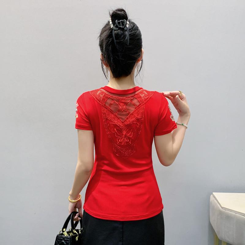 Summer Chic Women Clothes T-shirt Sexy Hollow Out Cartoon Swan Hot Diamonds Tops High Quality Female Luxury Slim Stretch Tees