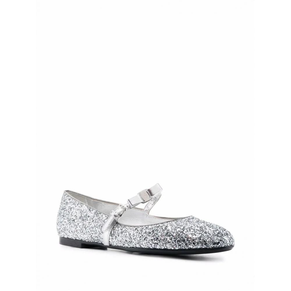 Salvatore Ferragamo Ferragamo Bow Detail Glitter Ballerina Shoes Silver