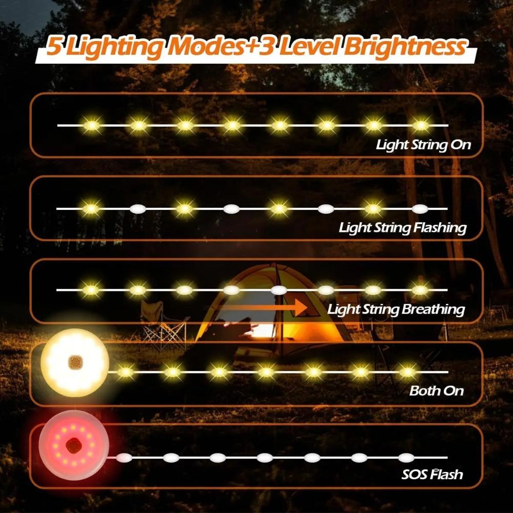 2 in 1 Solar Camping String Lights 8 Modes Outdoor Portable Lights USB Rechargeable Waterproof Camping Lantern Hiking Tent Yard