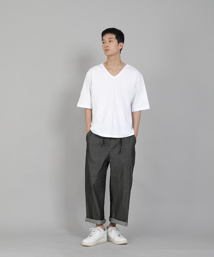 Seinteukeulu Plain V-Neck 16S Cotton Knee-Length Short Sleeve T-Shirt V-8A01 White