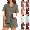 Damen Zweiteiliges Pyjama-Set Kurzarm Hemd mit Knöpfen und Rüschenkragen mit passender Hose Weiche Bequeme Loungewear Schlafanzug