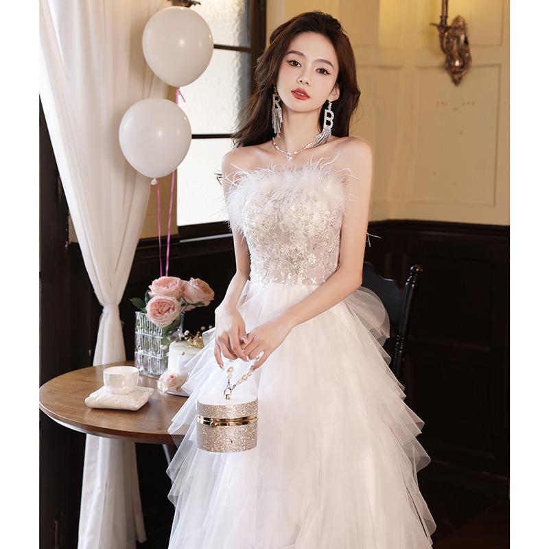 White Evening Dress Women's 1011 New High-end Light Luxury High-end Birthday Host Adult Ceremony Banquet Evening Dress