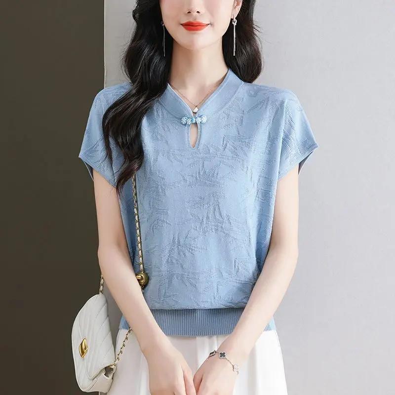 Summer Chinese Style Knit Top Women's Short Sleeve Jacquard Button Decor Blouse