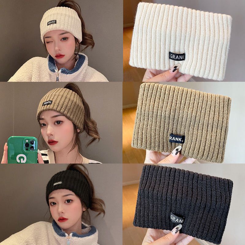 Knitted headband women's new forehead protection, windproof wipe cover, headband plush wide-brimmed headscarf, sports headgear winter