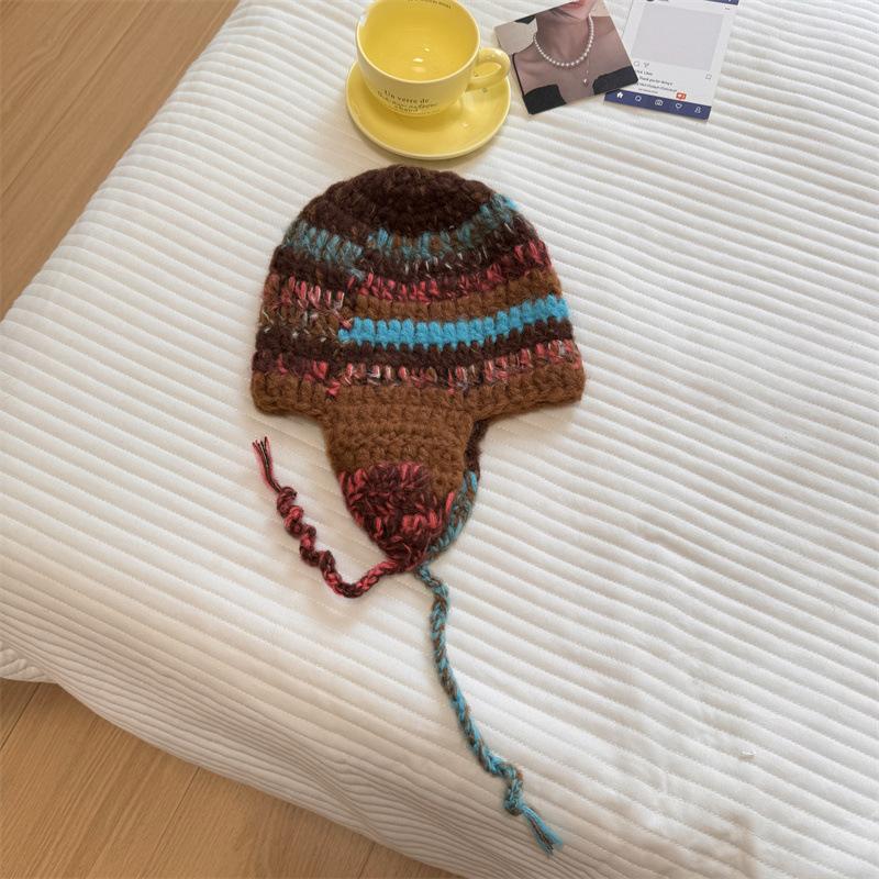 Hand-spliced color ear protection wool hat female cute rainbow knitted warm strap parent-child Lei Feng hat