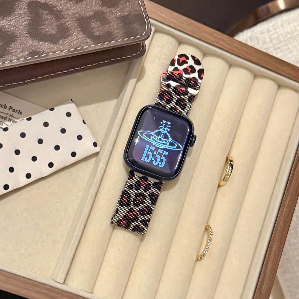 Milanese Loop strap For Apple watch band 46mm 45mm 44mm 40mm 41mm Leopard Print Magnetic bracelet for iWatch Series 11/10/9 8 7 6 SE3/Ultra 2 3 4 49mm