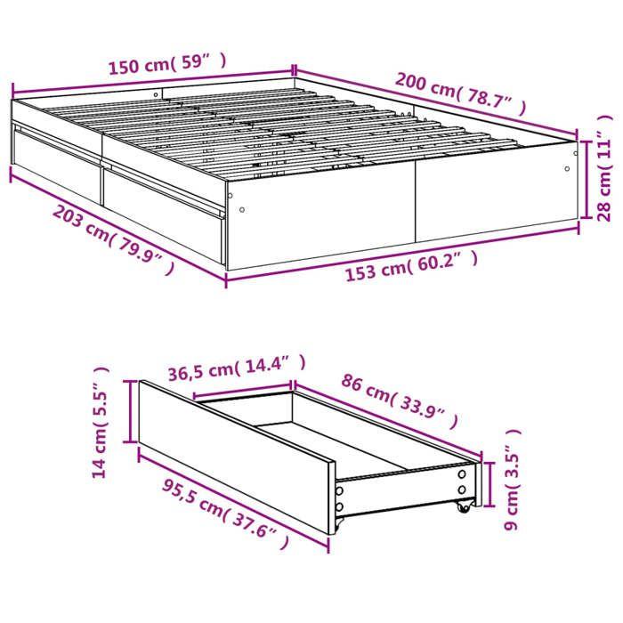 VidaXL Cadre de lit à tiroirs gris béton 150x200 cm bois d'ingénierie, lit, lit de rangement, cadre de lit double, lit 3280653