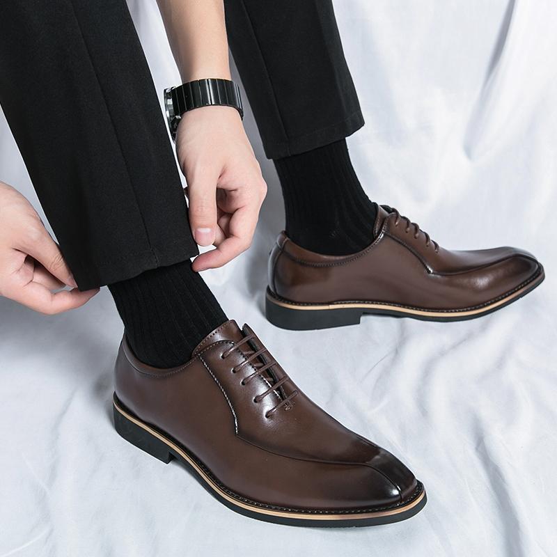 High-End Men's Brown Leather Shoes British Style Business Casual Heightening Spring Autumn Wear-Resistant Flat Heel Glue Bonding