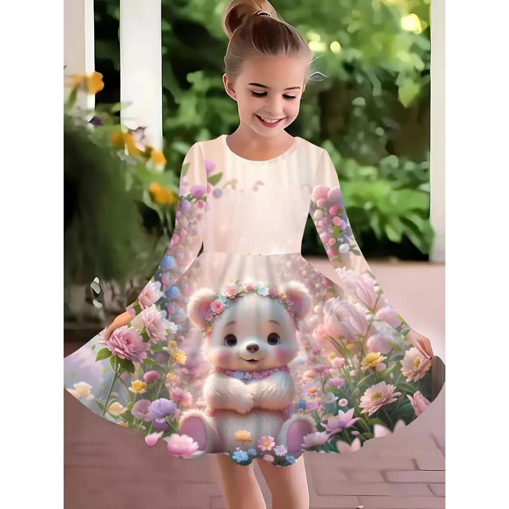 Girls' 3D Flower Bear Dress Long Sleeve Summer Spring Vacation Daily Holiday Princess Beautiful Sweet Kids 4-12 Years Casual Dress A Line Dress