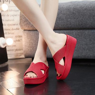 Thick Soled Slippers for Women Wearing Beach Shoes for External Wear, Indoor Anti Slip Slope Heels, Sponge Cake Cool Slippers for Height Increase