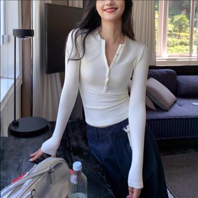 Apricot Henley Long Sleeve T-shirt Women's Slim Fit Bottoming Shirt Autumn New Early Autumn T-shirt