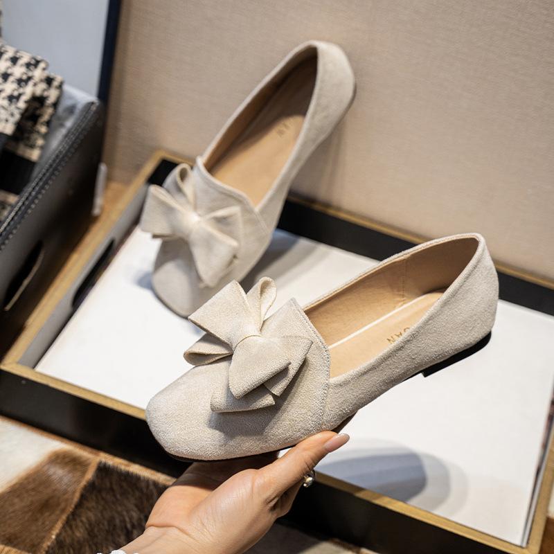 Fashion 2025 Spring Bowknot Flats Women Square Toe Ballerinas OL Ladies Office Dress Ballets Shoes Soft Velour Moccasines Femmes Loafers