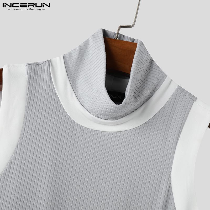 INCERUN Men Turtleneck Stitching Oversleeve Rib Casual Fitted Tank Tops