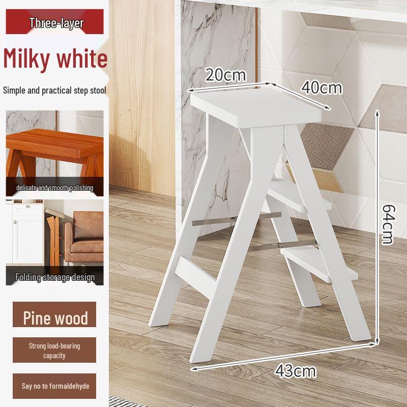 Three-Step Solid Wood Folding Ladder Stool: Multifunctional for Kitchen and Bar Use