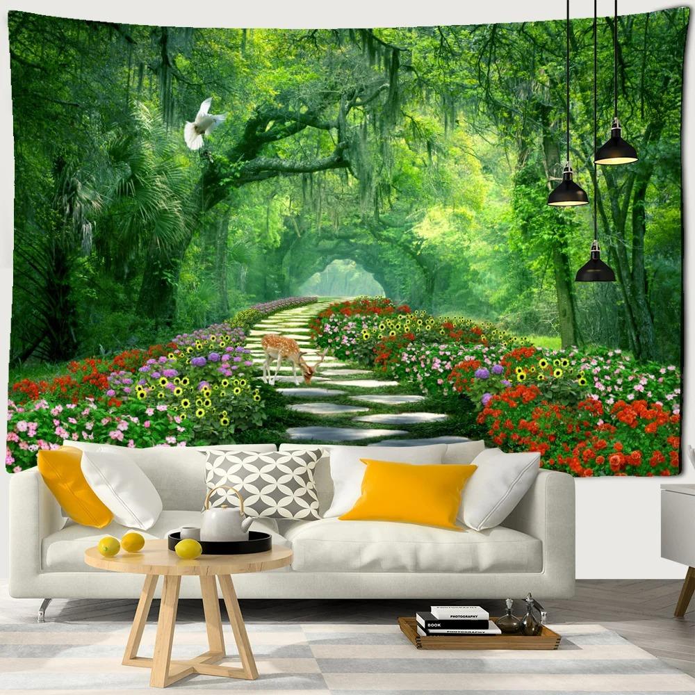Sea Moon Cherry Blossom Forest Trail Wall Hanging Tapestry Home Decoration Living Room Bedroom Wall Background Hanging Cloth