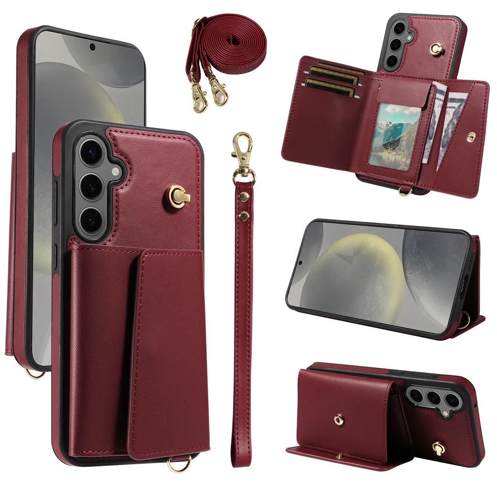 For Samsung Galaxy S24+ Crossbody Phone Case Card Holder Kickstand Leather Coated TPU Mobile Cover