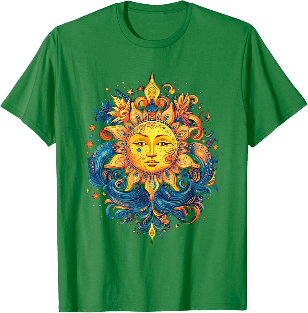 Mystical Sun Face Graphic Tee Men Casual Cotton Round Neck Vintage Aesthetic Print T-Shirt