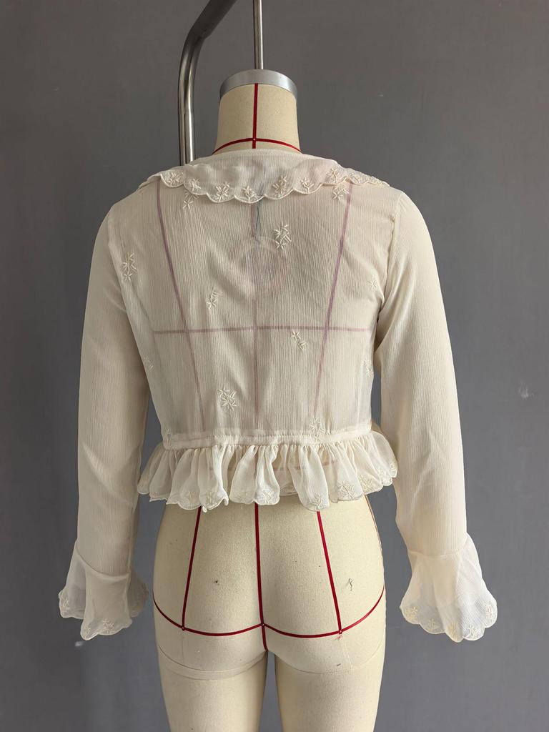 European & American Style Women's Chiffon Shirt with French Lace-up Waist, Embroidered Ruffles, and Long Sleeves