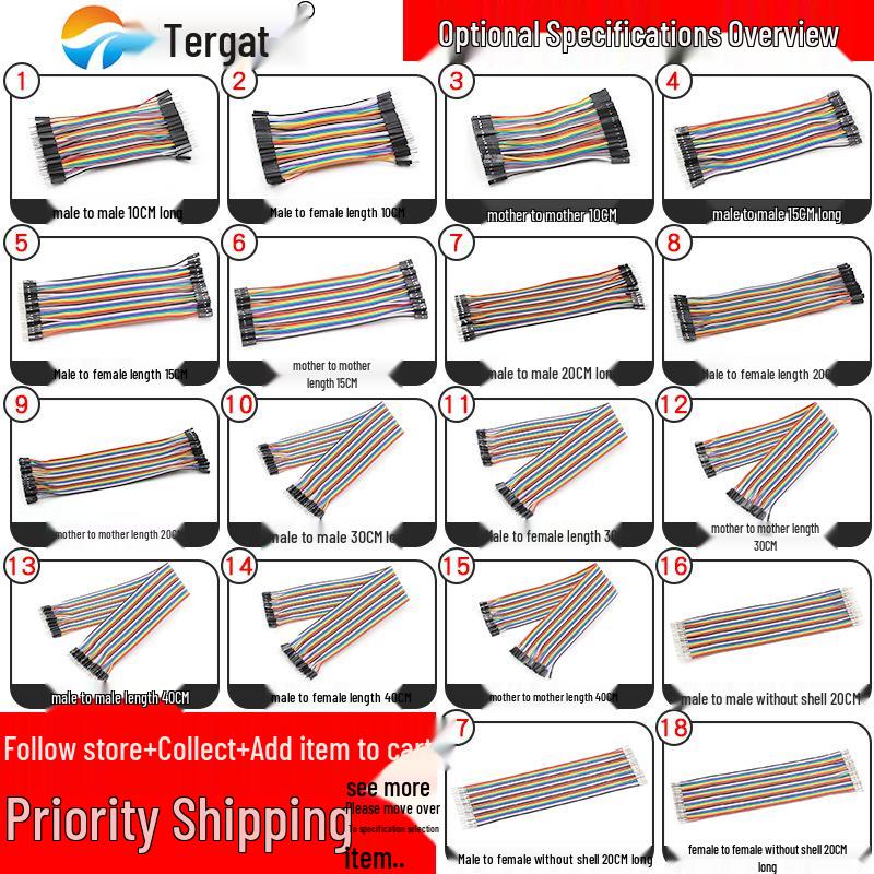 40P Color DuPont Jumper Cables - Female/Female, Male/Female, Male/Male - 10/15/20/30/40CM Lengths