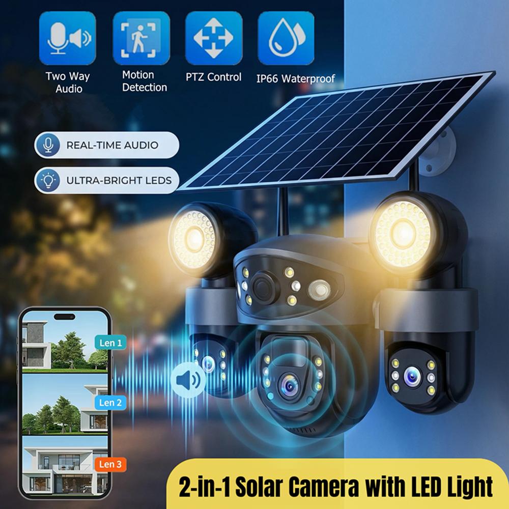 Kamera CCTV 2 w 1 zasilana energią słoneczną, potrójny obiektyw ze światłem LED do widzenia w nocy, bezprzewodowa kamera IP sieci WIFI/4G.