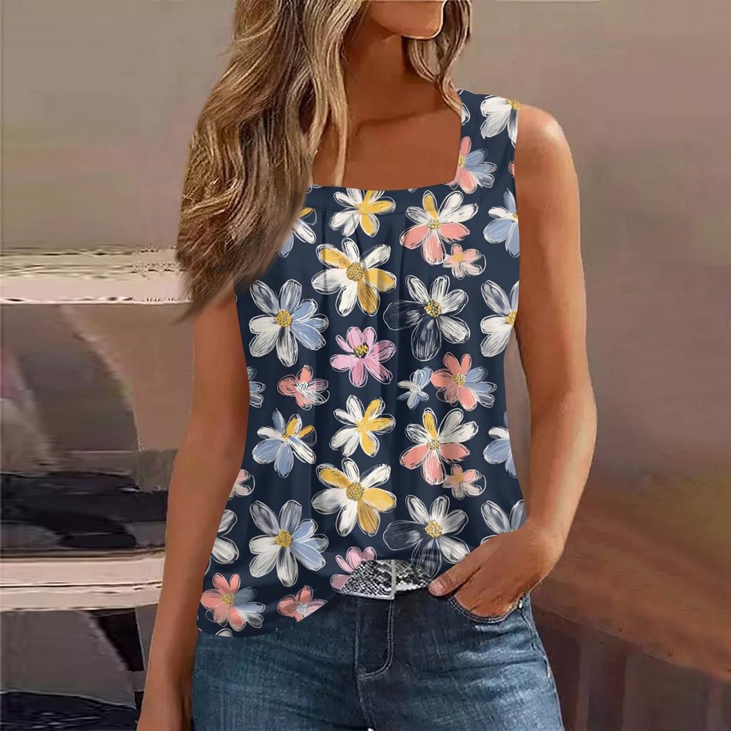 Square Collar Tank Top Women Print Tank Tee Casual Loose Fit Sleeveless Shirt