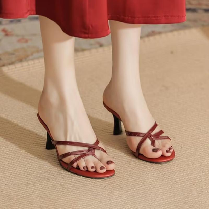 

Модные новые туфли-шлепанцы с круглым носком, сексуальные, большого размера, с перемычкой для пальца, на высоком каблуке, летние, легкие/элегантные/удобные, женские шлепанцы на тонком каблуке 35 красный