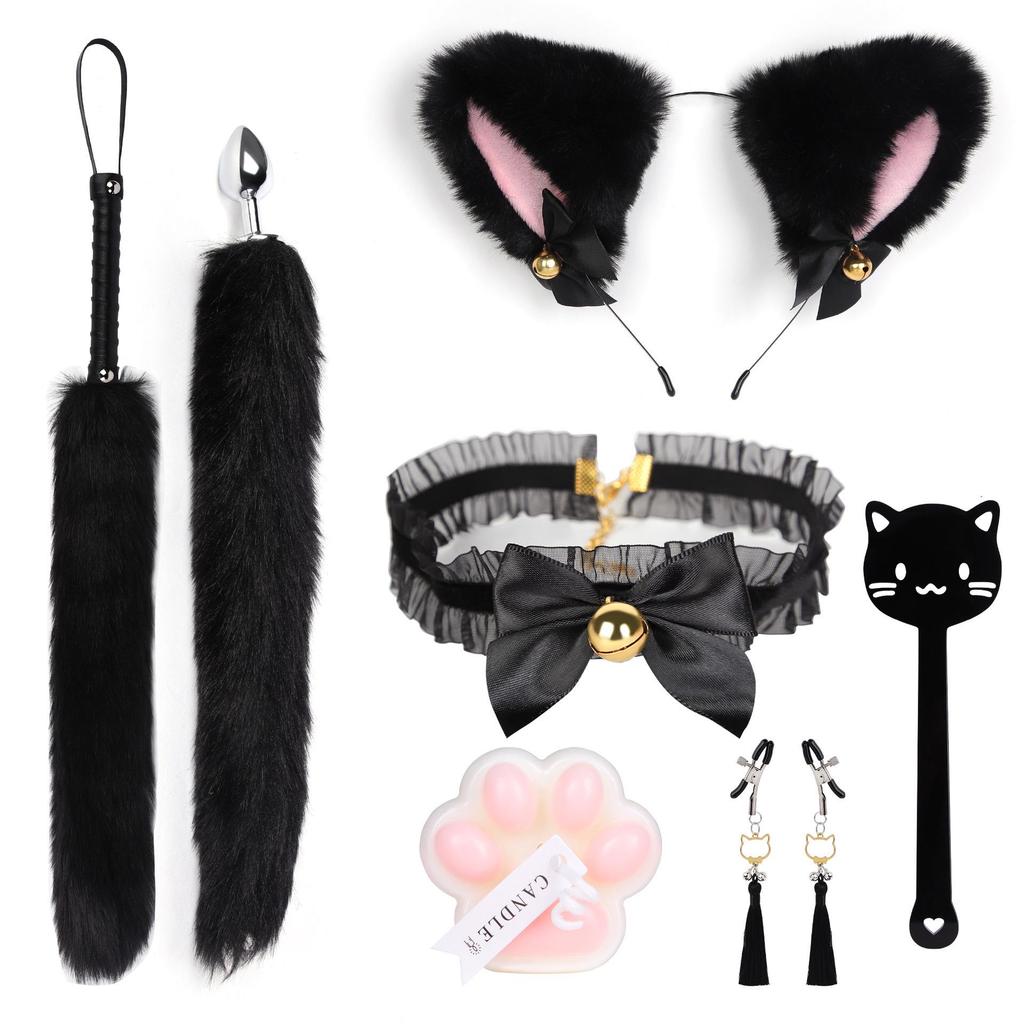 Cat Tail Bell Headband, Anal Plug, Nipple Clamps Flirting Set