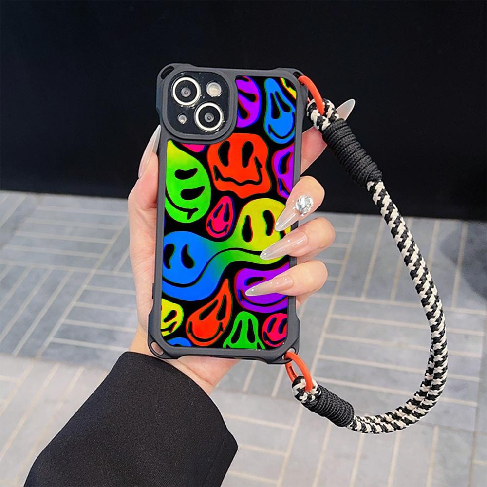 Ae88 Lovely Smiley Art Soft Phone Cases for iPhone 16 15 14 13 12 11 Pro Max XR with Wrist Strap Lanyard Corner Protection Back Cover