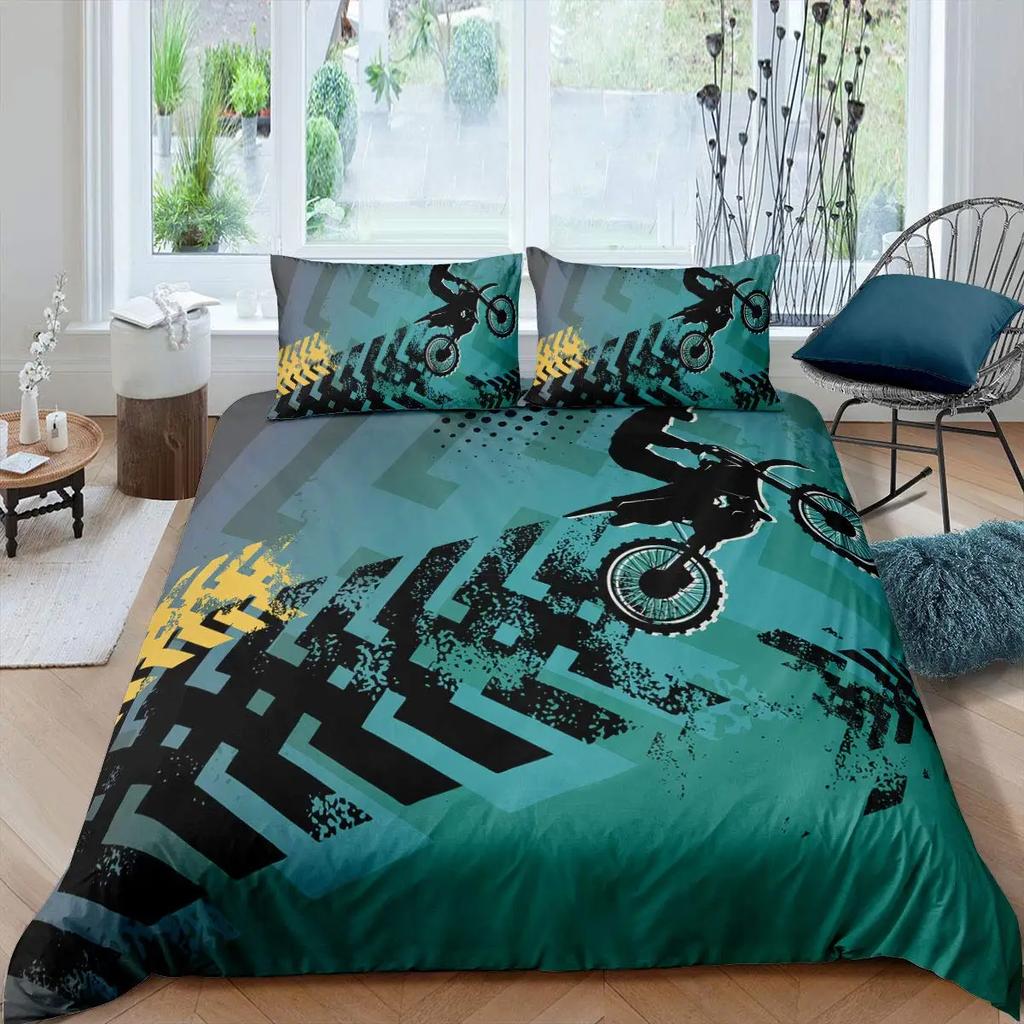 Motorsykkel Dynetrekksett Dobbel Størrelse Motocross Kjører Sengetøy Racing Motorsykkel Dirt Bike Ekstremsport Polyester Dyne Trekk