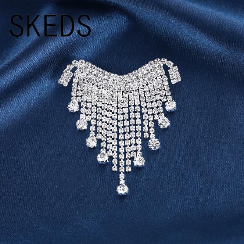 SKEDS Exquisite Full Crystal Luxury Heart Tassel Brooches Pins For Women Lady Suit Office Shiny Design Rhinestone Badges Pin