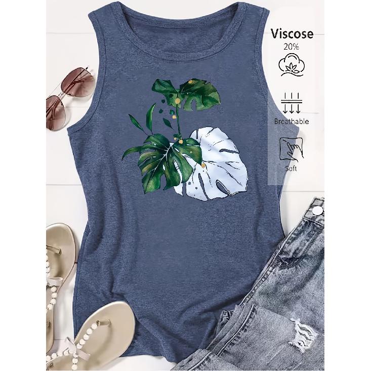 Monstera green plant print casual sports retro tank top S сапфир синий