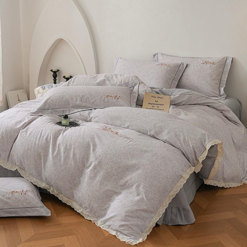 100% Cotton Brushed Bedding Set French Lace Embroidered Soft Breathable All Season Bed