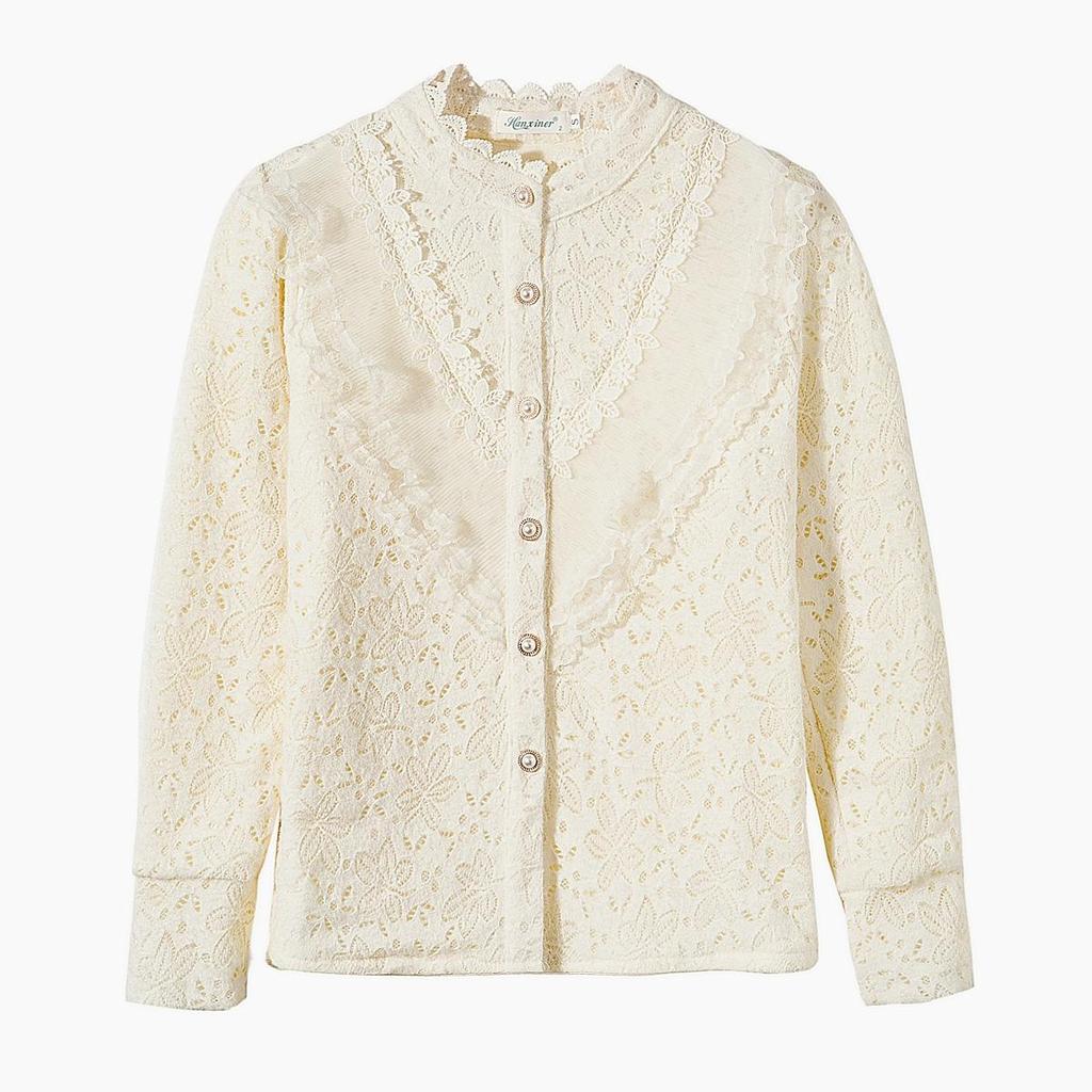 Elegant Long Sleeve Lace Bottoming Fleece Shirt with Half Turtle Neck for Women Thickened and Warm for Winter