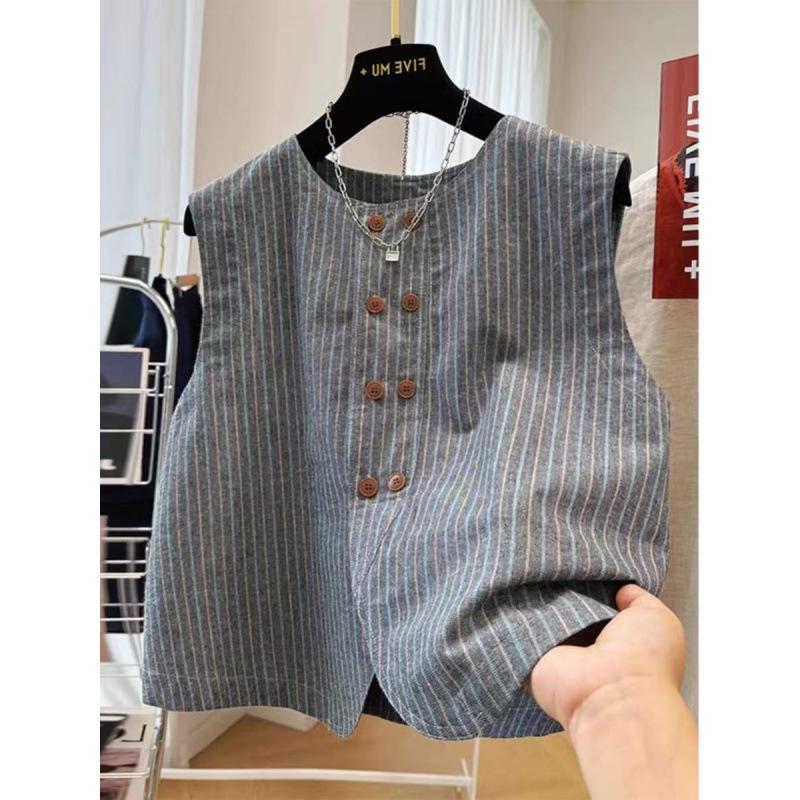 Women s Round Neck Sleeveless Striped Cotton Linen Vest Double Breasted Casual Cropped Waistcoat M