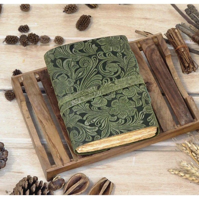 Embossed Green Leather Journal: Floral Spell Book, Deckle Edge Paper