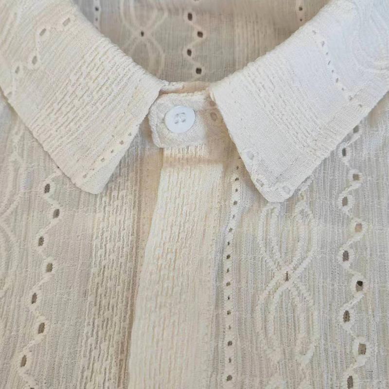 Shirts Apricot Handsome Lapel Men Blouse Vacation Hollow Out Sexy Fashion Clothing Male Mesh Long-sleeved Shirts