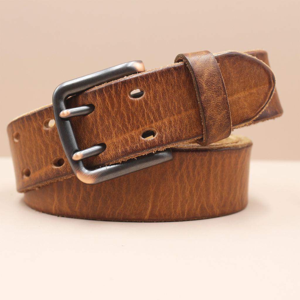 Retro Thickened Top-grain Cowhide Double-needle Belt, Men's Genuine Leather Trendy and Versatile Tough Guy Denim Belt