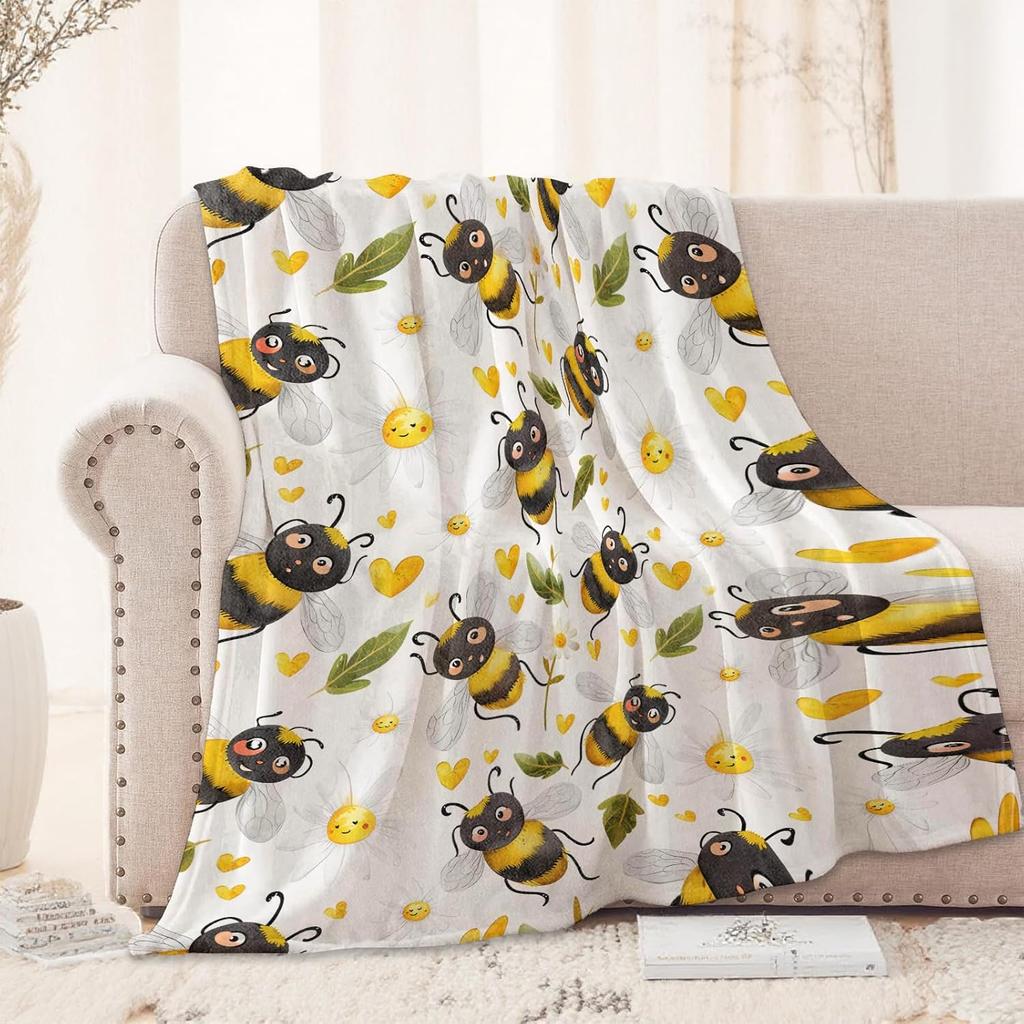 Cute Bee and Flower Blanket 50X60 in, Flannel Throw Blankets for Travel Camping Sofa Living Room Decor, Lightweight Cozy Soft Fu