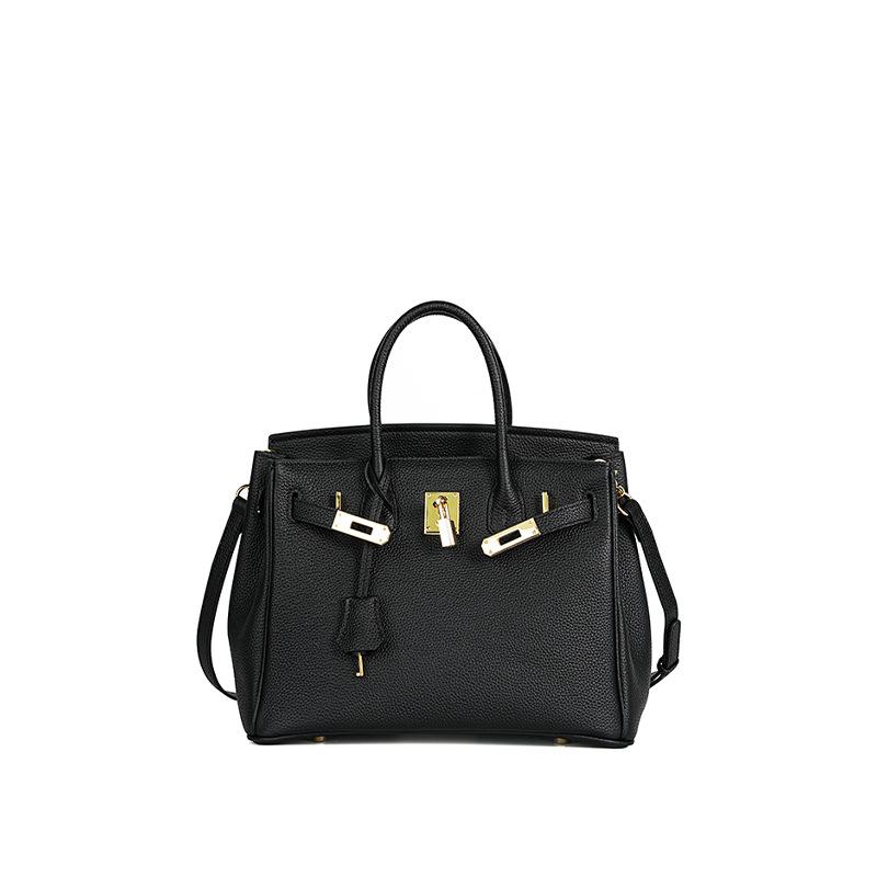 Wachsgarn Togo Oberste Schicht Rindsleder Handgefertigt Platin Tasche+Litschi Muster Leder Damen Tasche Schnalle High-End Handtasche 20x10x15cm schwarz
